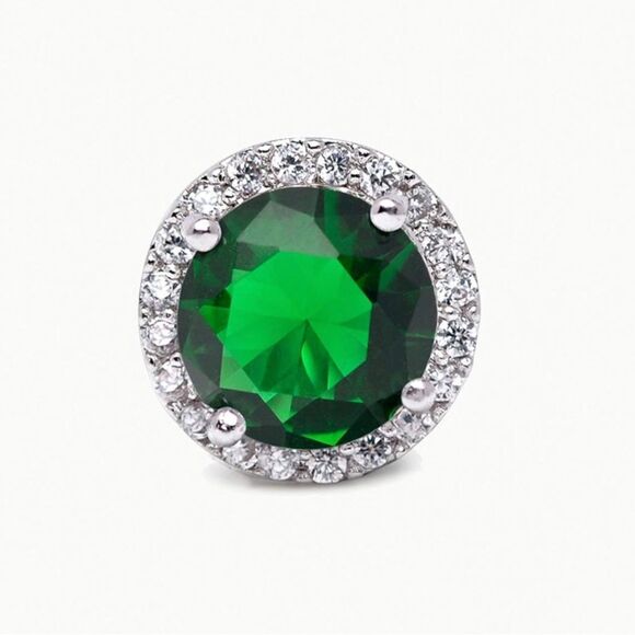 925 Sterling Silver with Emerald Green and Diamond CZ Round Halo Stud Earrings - Picture 3 of 5